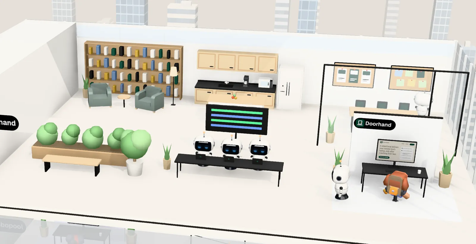 Doorhand’s office on floor 7 of Tower 2: the owner’s desk with the website on screen, the agents’ bench, a meeting room and a library